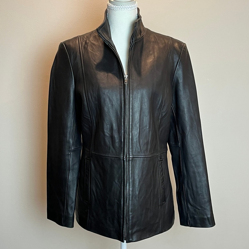 Alfani Petite Women Black Genuine Leather Full Zip Mock Neck Jacket Size PM